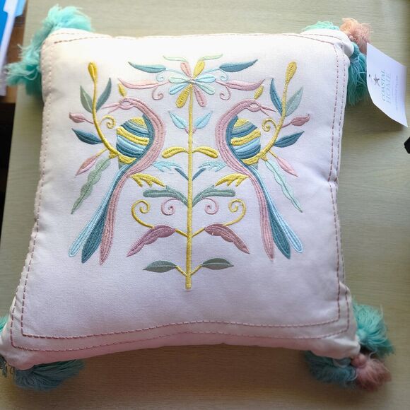 THROW PILLOW-COASTAL HOME-Embroidery-Birds-Folk Design-Tassles-Large-17" x 17" - Picture 9 of 14